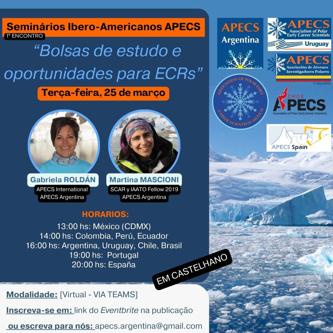 APECSArgentina's tweet image. 📢 ¡Llega el 1° Encuentro de los Seminarios Iberoamericanos de APECS! 🌎❄️

🔹 Tema: &quot;Becas y oportunidades para los ECRs&quot;

🗓 Martes 25 de marzo | 💻 Virtual (VIA TEAMS)

📌 Inscripción gratuita ➡️ Link en bio o 

eventbrite.ca/e/seminarios-i…

¡No te lo pierdas! 🔬🌍✨

 #APECS #ECRs