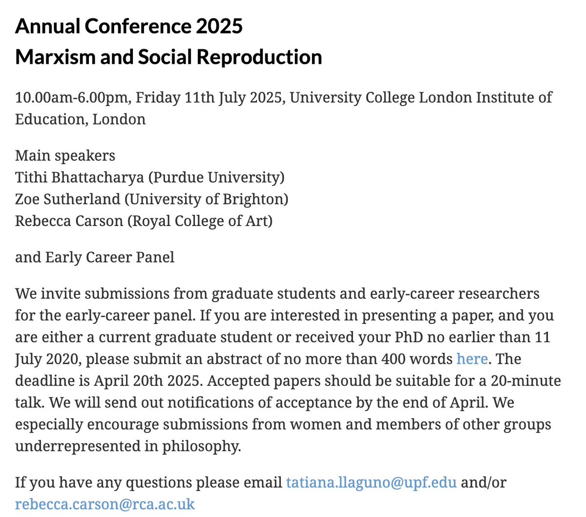 tatiana llaguno (@tatianallaguno) on Twitter photo The <a href="/MarxPhilosophy/">Marx & Philosophy</a> Society Annual Conference is back! This yearās theme is Marxism and Social Reproduction, with a great line-up: Tithi Bhattacharya (<a href="/DrTithi1917/">Tithi Bhattacharya</a>), Zoe Sutherland & Rebecca Carson. Send us your abstracts by 20 April marxandphilosophy.org.uk/society/ & thanks for sharing! The <a href="/MarxPhilosophy/">Marx & Philosophy</a> Society Annual Conference is back! This yearās theme is Marxism and Social Reproduction, with a great line-up: Tithi Bhattacharya (<a href="/DrTithi1917/">Tithi Bhattacharya</a>), Zoe Sutherland & Rebecca Carson. Send us your abstracts by 20 April marxandphilosophy.org.uk/society/ & thanks for sharing!