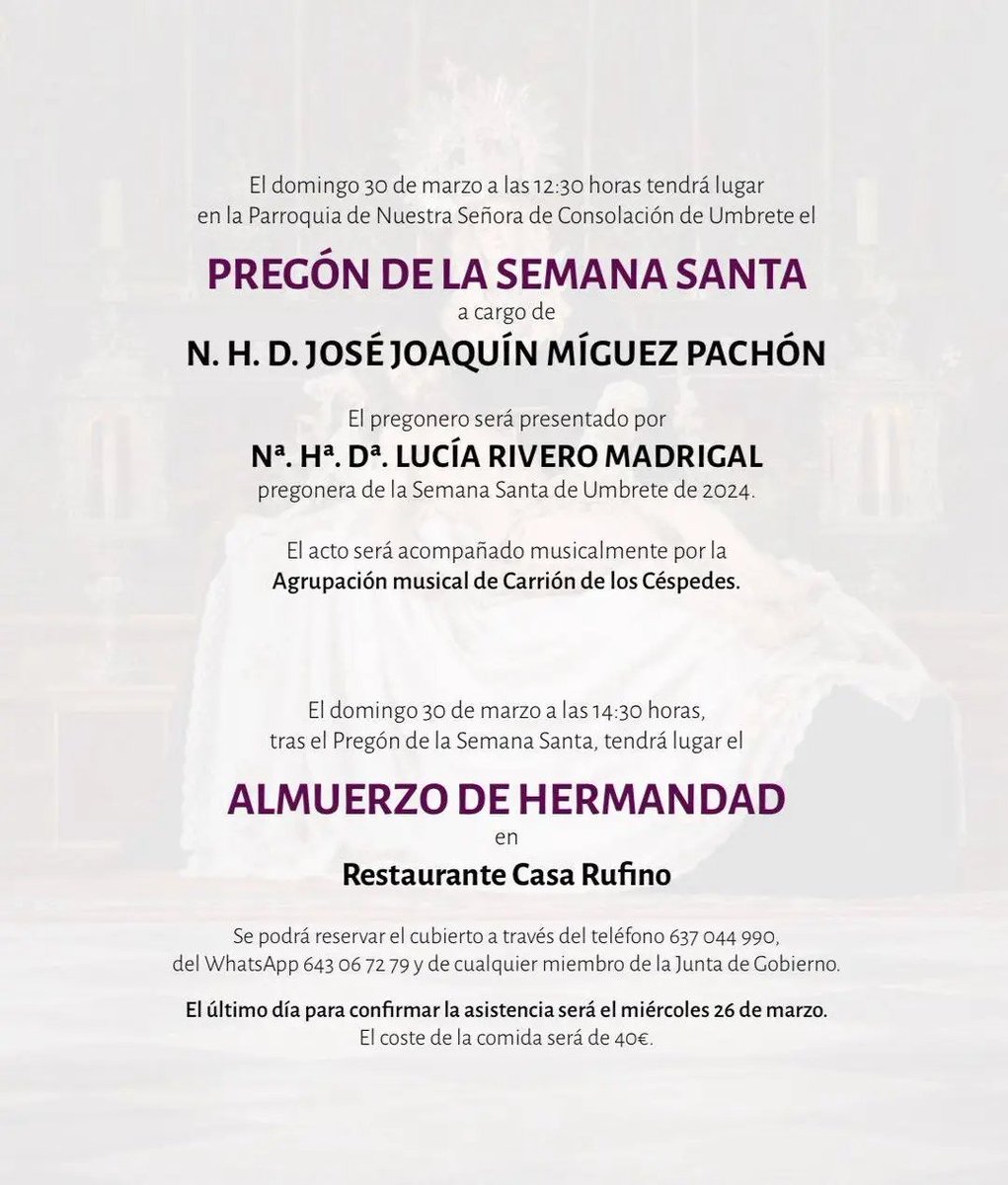 Este próximo domingo día 30 de marzo, estaremos en el Pregón de la Semana Santa de Umbrete.
<a href="/sacramentoumb/">Hermandad Sacramental de Umbrete</a>
