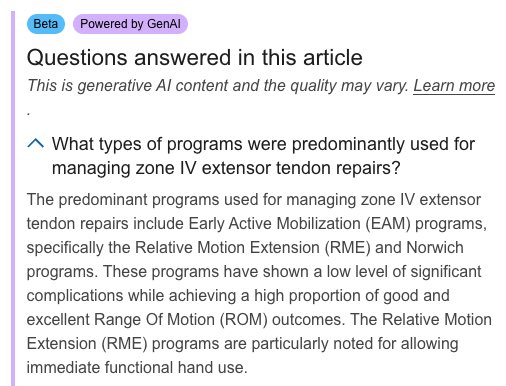 Aujourd’hui j’ai fini de preparer un point sur les traitements des extenseurs et j’ai vu ce truc là sur sciencedirect. C’est une IA qui resume l’article.

Vous avez connaissance du fonctionnement :
Qui a généré la question ?
Est-ce que les auteurs ou éditeurs sont prévenus ?