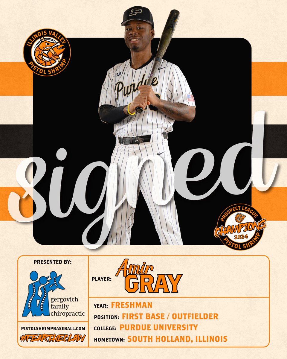 Pistol Shrimp Baseball (@pshrimpbaseball) on Twitter photo Signed: 𝑨𝒎𝒊𝒓 𝑮𝒓𝒂𝒚! #FearTheClaw
𝐂𝐨𝐥𝐥𝐞𝐠𝐞: <a href="/PurdueBaseball/">Purdue Baseball</a>
𝐌𝐨𝐯𝐢𝐞: Pulp Fiction
𝐌𝐞𝐚𝐥: Chicken Alfredo
𝐏𝐥𝐚𝐲𝐞𝐫: Juan Soto
𝑷𝒓𝒆𝒔𝒆𝒏𝒕𝒆𝒅 𝑩𝒚: Gergovich Family Chiropractic Signed: 𝑨𝒎𝒊𝒓 𝑮𝒓𝒂𝒚! #FearTheClaw
𝐂𝐨𝐥𝐥𝐞𝐠𝐞: <a href="/PurdueBaseball/">Purdue Baseball</a>
𝐌𝐨𝐯𝐢𝐞: Pulp Fiction
𝐌𝐞𝐚𝐥: Chicken Alfredo
𝐏𝐥𝐚𝐲𝐞𝐫: Juan Soto
𝑷𝒓𝒆𝒔𝒆𝒏𝒕𝒆𝒅 𝑩𝒚: Gergovich Family Chiropractic