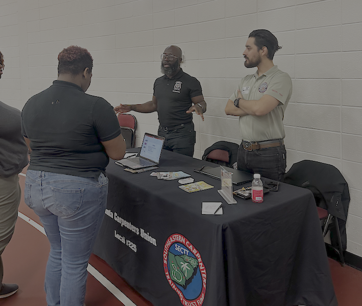 SECarpenters's tweet photo. Council rep Sam Asante and Iram Perez, Jr. traveled to Creekside High School in Fulton County, GA to represent union carpenters at Creekside's Career Fair. The two worked with students at the general session and had a small-group FAQ session with interested students. Great job! https://t.co/3KnFxjIa3w