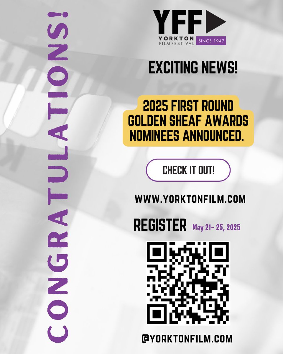 Exciting News!#YFF25 is pleased to announce the nominees for a Golden Sheaf Award(s). A full list of the nominees can be found on our website yorktonfilm.com .Congratulations to all of this year's nominees! Thank you to all who submitted a film for consideration.