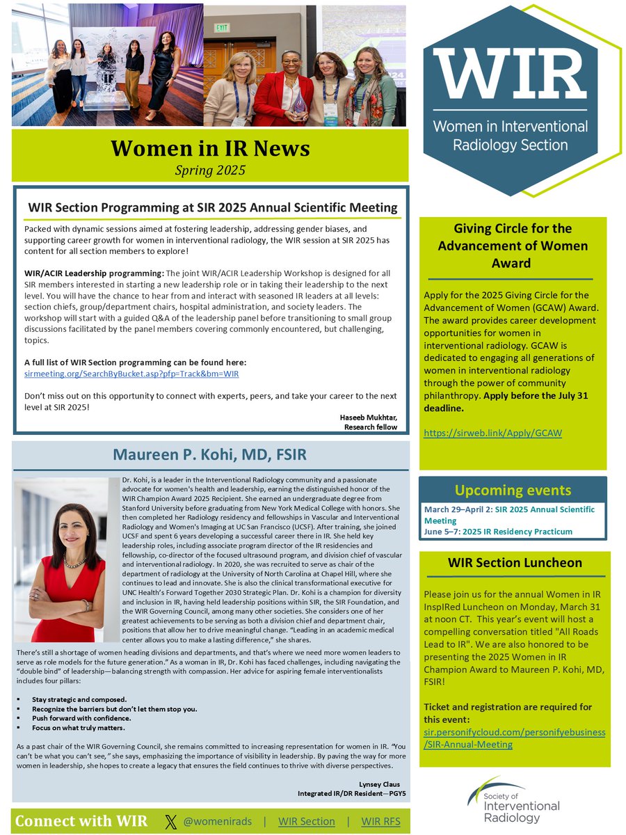 Our Spring 2025 edition of the Women in IR Newsletter is now available! Learn more about WIR session programming at #SIR25NASH and the 2025 WIR Champion Awardee. Learn more via our website. sirweb.org/connect/sectio…