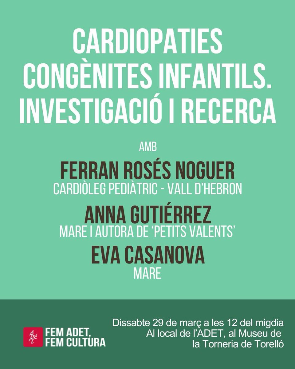 Anna Gutierrez (@petitsvalents) on Twitter photo Em fa especial il•lusió, convidar-vos el pròxim dissabte 29 de març, a la conferència que hem preparat, amb el Dr. <a href="/FerranRoses/">Dr Ferran Rosés Noguer</a> Parlarem de Petits valents, de les cardiopaties infantils i de com segueix essent de necessària la investigació🫀
<a href="/adetcultura/">ADET</a> <a href="/vallhebron/">Vall d'Hebron</a> <a href="/AjTorello/">Ajuntament de Torelló</a> Em fa especial il•lusió, convidar-vos el pròxim dissabte 29 de març, a la conferència que hem preparat, amb el Dr. <a href="/FerranRoses/">Dr Ferran Rosés Noguer</a> Parlarem de Petits valents, de les cardiopaties infantils i de com segueix essent de necessària la investigació🫀
<a href="/adetcultura/">ADET</a> <a href="/vallhebron/">Vall d'Hebron</a> <a href="/AjTorello/">Ajuntament de Torelló</a>