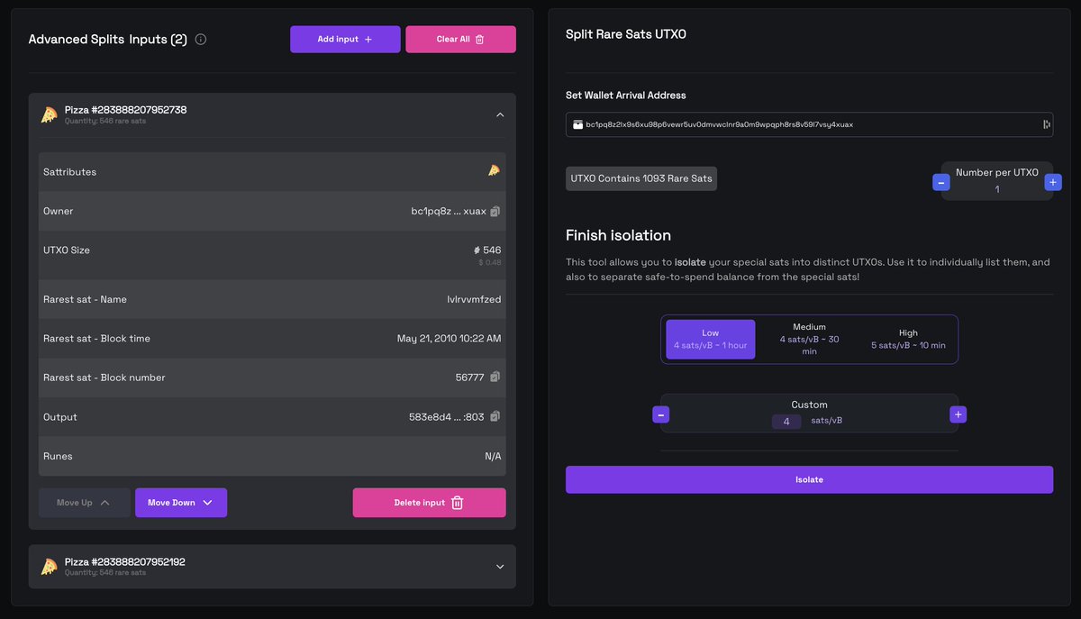 Advanced split tool is live here (magisat.io/advanced-splits), and on Magisat homepage as well. 

Here's what it does:
- Choose one or more UTXOs with say... 1000 block 9 or other rare sats.
- Select "1" per UTXO (or more, depending on needs)
- Click "isolate" and get 1000 utxos,