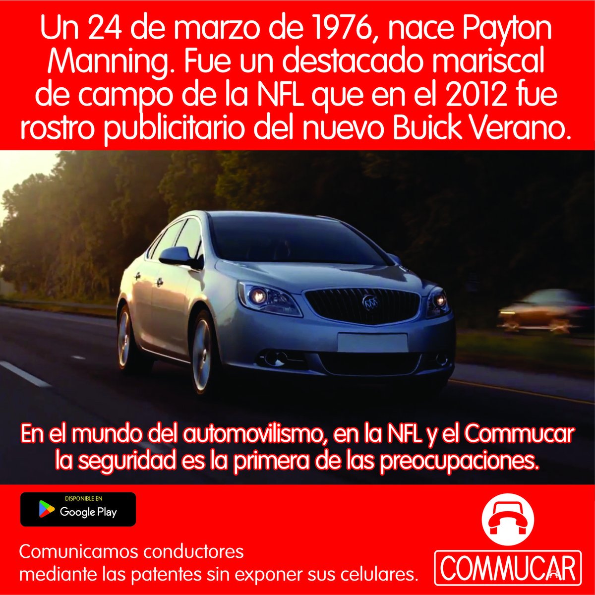 commucar's tweet image. Si hay un deporte con grandes preocupaciones por la seguridad de sus participantes es la NFL. Por eso Peyton Manning, que hoy está de cumpleaños, fue rostro de Buick, mostrando sus virtudes y súper medidas de seguridad. #HappyBirthdayPeytonManning #SegutidadVial #Seguridad