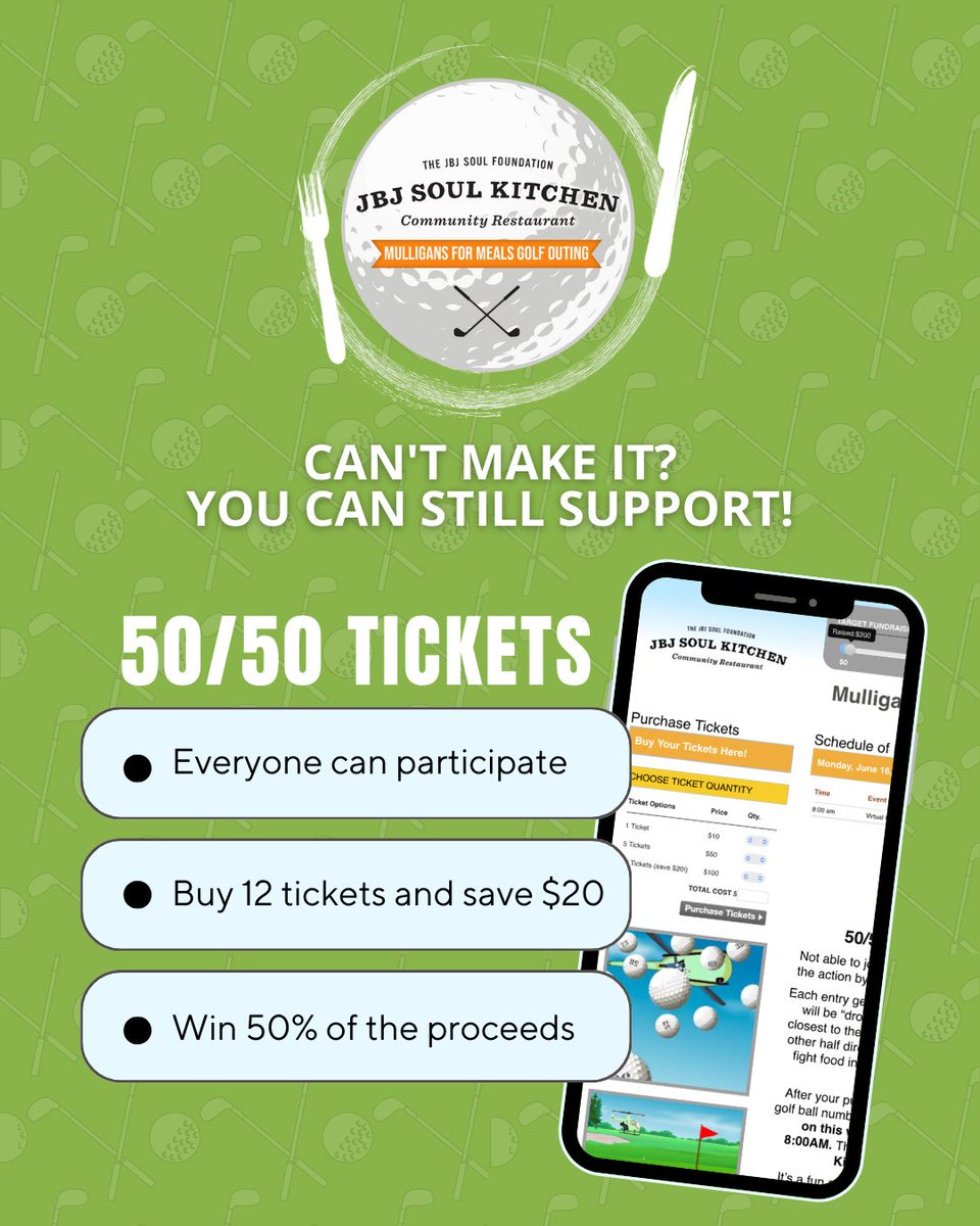 Can't make it to our Golf Outing this year? No worries! You can still support JBJ Soul Kitchen’s mission by entering our 50/50 raffle—and you’ll have a chance to win 50% of the proceeds raised! 🏌️‍♂️💰 Help us fight food insecurity, no matter where you are!

bit.ly/4iCsdsU