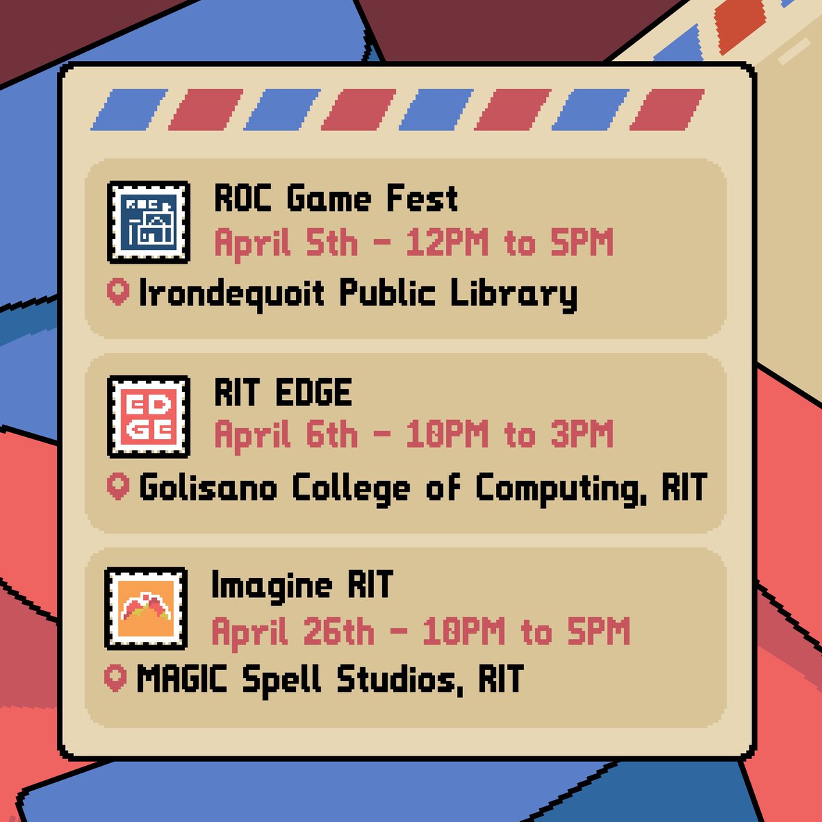 Pelican Post (@pelicanpostgame) on Twitter photo Pelican Post is going on tour (around Rochester)! We have a busy April schedule filled with events where you can play Pelican Post. We're starting it off with <a href="/ROCGameFest/">Rochester Game Festival</a> and <a href="/IGMRIT/">IGM @ RIT</a> EDGE, then later in the month, we'll be at <a href="/Imagine_RIT/">Imagine RIT</a>! Hope to see you there! Pelican Post is going on tour (around Rochester)! We have a busy April schedule filled with events where you can play Pelican Post. We're starting it off with <a href="/ROCGameFest/">Rochester Game Festival</a> and <a href="/IGMRIT/">IGM @ RIT</a> EDGE, then later in the month, we'll be at <a href="/Imagine_RIT/">Imagine RIT</a>! Hope to see you there!