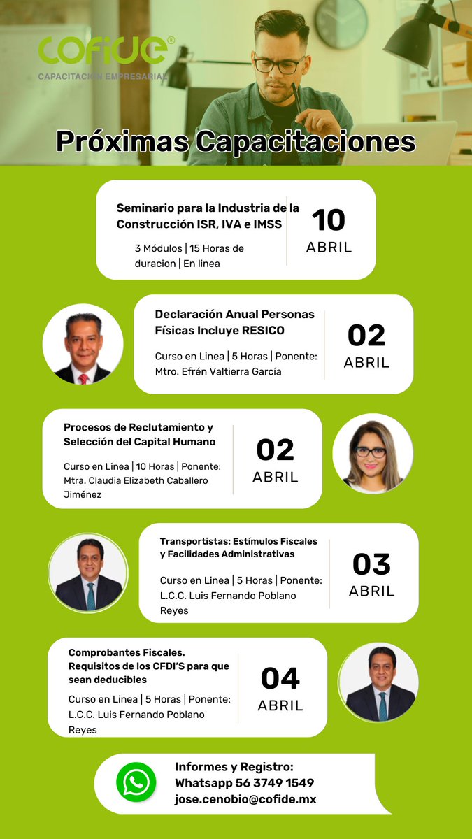 CarlosCenobio7's tweet image. Capacítate en:

- Construcción
- CFDI
- Declaración Anual de Personas Físicas
- Reclutamiento y selección de personal y mas...

Todo incluido en COFIDE 
Informes:
Whatsapp: 56 3749 1549
Email: jose.cenobio@cofide.mx

#Construccion #Siroc #Transportistas #PersonasFisicas #CFDI