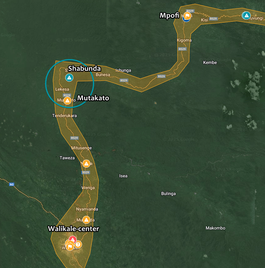 Intelynx's tweet photo. 🇨🇩 #DRC | There were reportedly clashes this morning between #Wazalendo forces and the #M23 rebels around the villages of #Mutakato and #Shabunda, north of #Walikale-center along the RP529 road. https://t.co/U22yYpzZvp