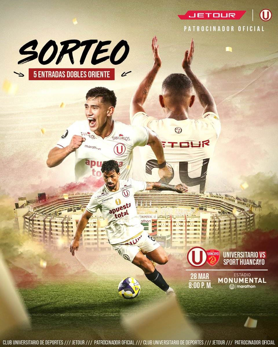 𝗔 𝗦𝗘𝗚𝗨𝗜𝗥 Ⓤ𝗡𝗜𝗗𝗢𝗦 𝗣𝗢𝗥 𝗘𝗟 𝗢𝗕𝗝𝗘𝗧𝗜𝗩𝗢 💪🫂
Participa por las 5 entradas dobles en oriente 🏟
Sigue estos pasos:
1️⃣Sigue a <a href="/JetourPeru/">Jetour Perú</a> 
2️⃣Comenta quién abre el marcador contra el equipo Sport Huancayo
3️⃣Etiqueta a 2 amigos
#YDaleU #YDaleJetoUr #LaGrandezaNosUne