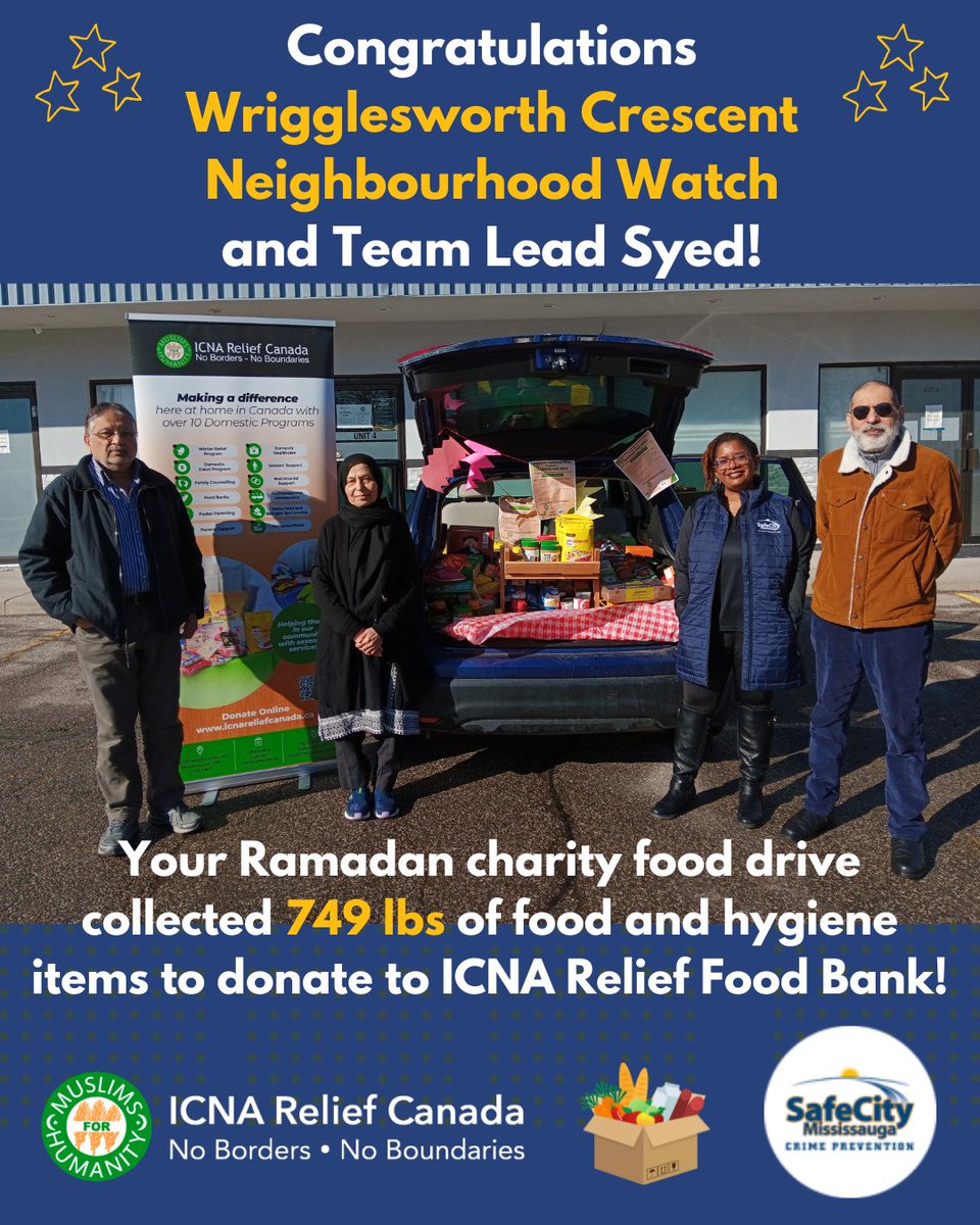 🌟 Huge congrats to Wrigglesworth Crescent Neighbourhood Watch &amp; Team Lead Syed! 🎉 They organized a Ramadan food drive, donating 749 lbs of food &amp; hygiene items to ICNA Relief Canada—Neighbourhood Watch in action! 🙌 #CommunityFirst #RamadanDrive
