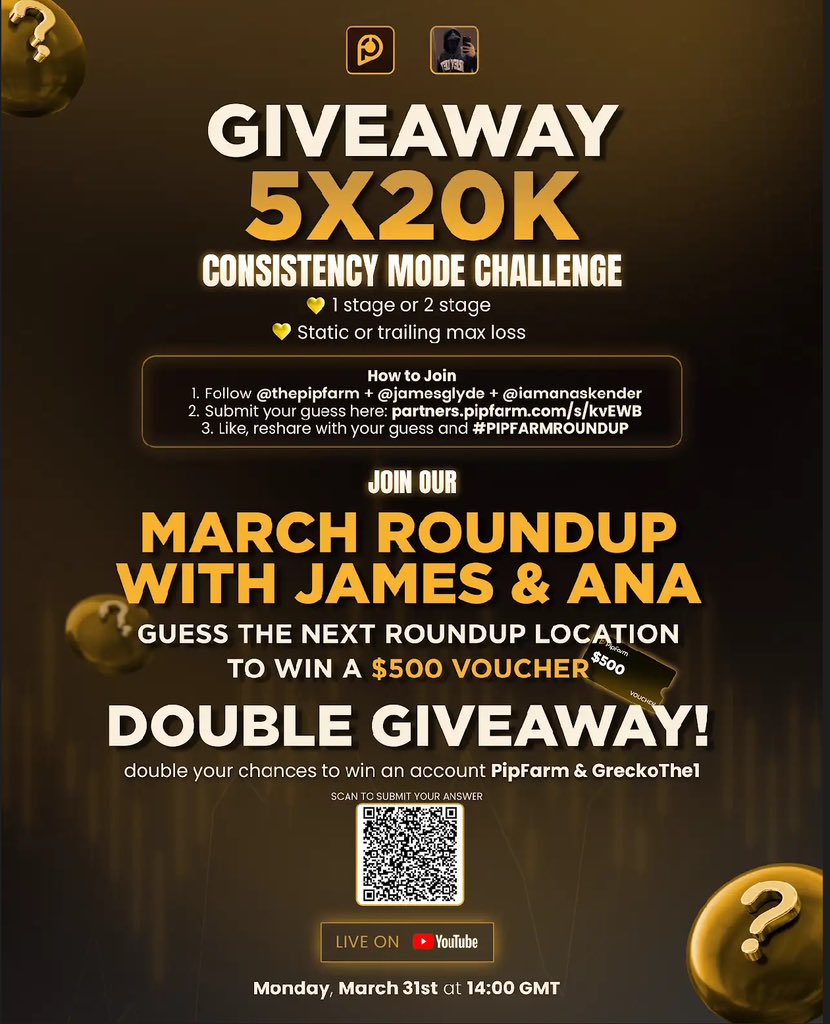 🎁  Double PipFarm Giveaway 🎁

Prizes: 5x20k Consistency Challenge and 1x$500 voucher

Winners announced March 31st.

Follow the instructions 👇 

1. Follow 👉 <a href="/thepipfarm/">PipFarm | Funded Trader Firm</a> + @jamesglyde + <a href="/anaskenderska/">Ana Skender</a> + <a href="/Greckothe1/">GreckoThe1🥷🏿</a> 

2. Guess where the March PipFarm Roundup will be hosted 👉