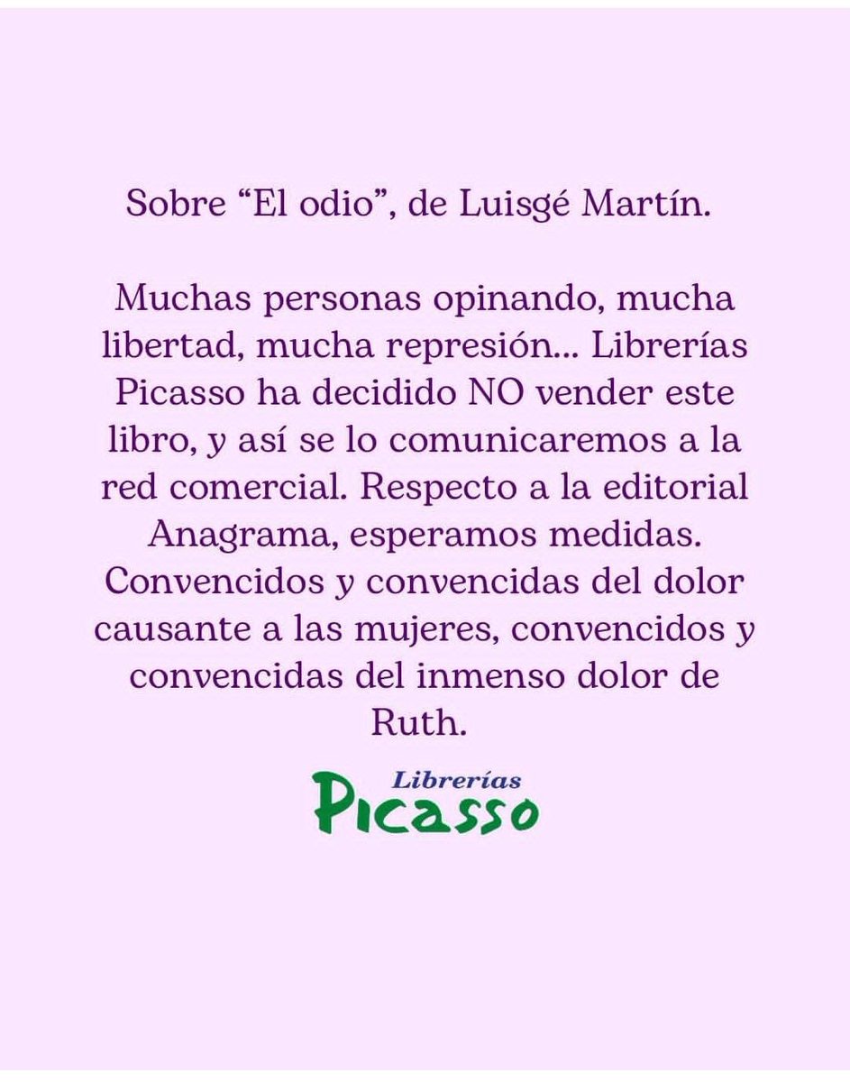 Hilo con las librerías que NO VENDERÁN el libro que no solo habla de odio, sino que es su instrumento. 
<a href="/LibreriaPicasso/">Librerías Picasso</a> en Almería, Granada y online: librerias-picasso.com
(Si sabéis más añadidlas, por favor). 
#BoicotAnagrama