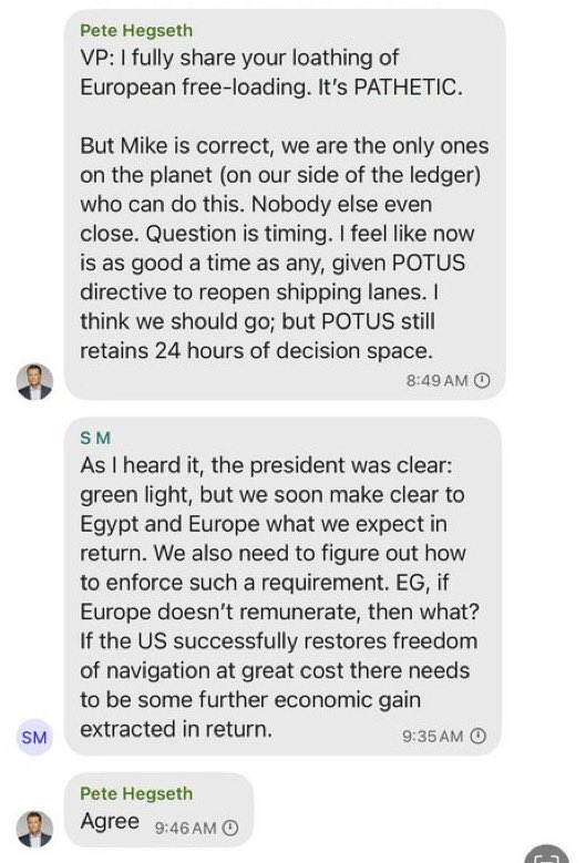 allenanalysis's tweet photo. BREAKING: Internal Signal messages from Trump-world just leaked—confirming what many suspected.

Pete Hegseth, JD Vance, and senior officials were greenlighting a military move tied to Houthi strikes—coordinating openly about timing, optics, and even how to squeeze Europe for payback.

“I hate bailing Europe out again,” said Vance. 

Hegseth called European free-loading “PATHETIC.” 

They were strategizing in real time like it was a game.