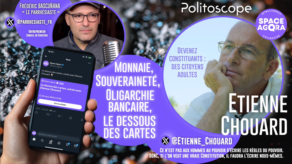Le parrhésiaste - Frédéric Bascuñana #PIC⚜️ (@parrhesiaste_fr) on Twitter photo Monnaie, souveraineté, oligarchie bancaire : le dessous des cartes, avec Etienne Chouard
Ce mardi soir (25 mars) 21h30 avec <a href="/Etienne_Chouard/">Étienne Chouard</a>, nous parlerons surtout du dessous des cartes :
Comment s’y prennent-ils pour nous déposséder de toute souveraineté ?
Au menu de la Monnaie, souveraineté, oligarchie bancaire : le dessous des cartes, avec Etienne Chouard
Ce mardi soir (25 mars) 21h30 avec <a href="/Etienne_Chouard/">Étienne Chouard</a>, nous parlerons surtout du dessous des cartes :
Comment s’y prennent-ils pour nous déposséder de toute souveraineté ?
Au menu de la