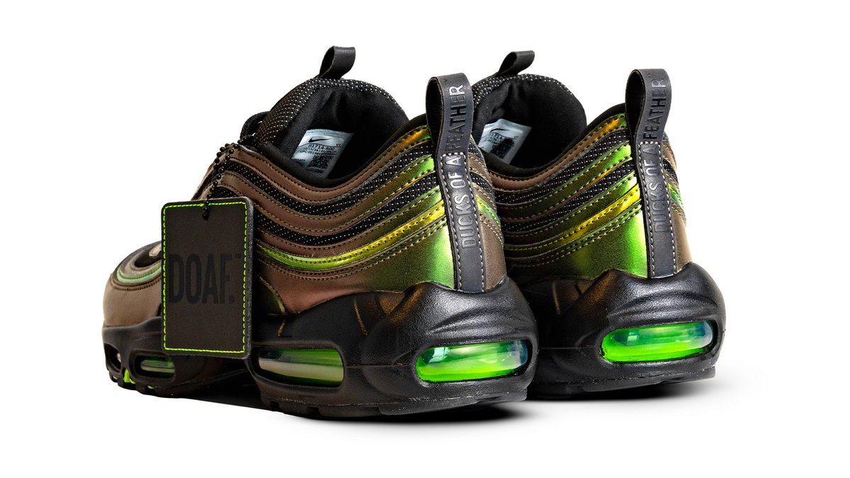 oregonfootball's tweet photo. Introducing the Air Max 95/97 ‘University of Oregon - Storm’ PE! Created by @ducksofafeather, the all-new silhouette drops exclusively on @GOAT on March 26 in limited numbers. The reflective upper and warm tones are inspired by the breathtaking natural beauty of the Pacific Northwest. Proceeds benefit participating University of Oregon student-athletes.  Get ready to get your pair on the GOAT app