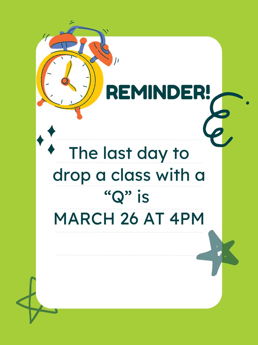 shsutriosss's tweet image. Drop Date Reminder! ⏰📚
Thinking about dropping a class? The last day to drop with a &quot;Q&quot; is March 26 at 4PM! ⏳

Make sure to review your options and talk to your academic advisor before making any decisions! Don’t wait until the last minute! 🚀

#AcademicSuccess #TRIOSupport