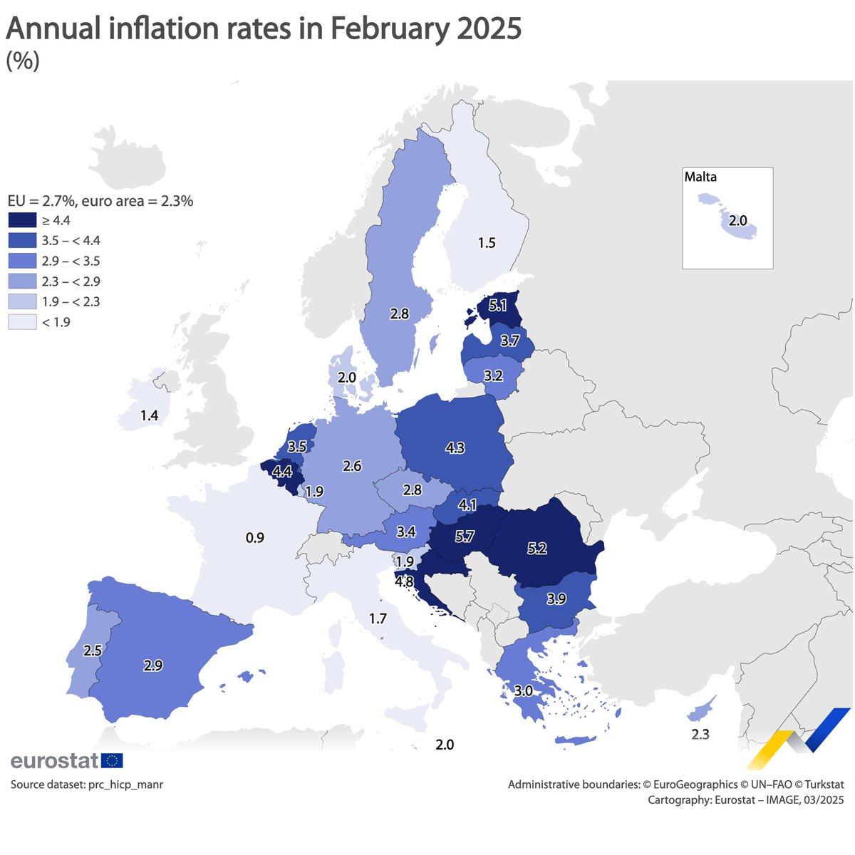 EU各国の消費者物価指数、2025年2月 EU全体 +2.7% ユーロ圏 +2.3% スイス +0.3% トルコ +39% 日本 +4.0% US  +2.8% シンガポール +0.6% 集計が遅いUKは未発表  欧州屈指のインフレが起きているルーマニアは政策金利をユーロ圏の2.5%を大幅に上回る6.5%とし、自国通貨Levの ...