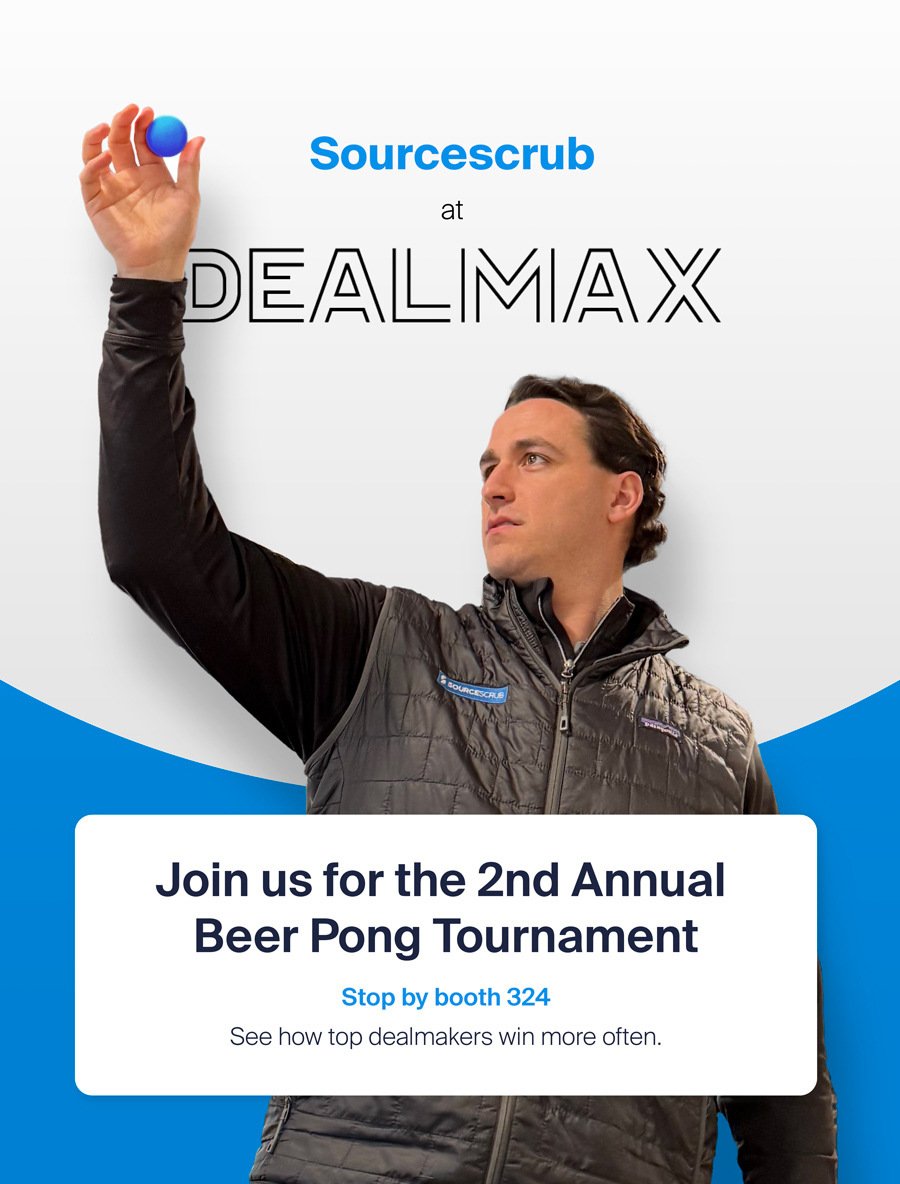 Sourcescrub (@sourcescrub) on Twitter photo We're ready to bring back the fun to <a href="/ACGGlobal/">Association for Corporate Growth</a> DealMAX with our beer pong competition! ๐ป Better connections give you your best shot at winning deals. Join us at Booth 324 to level up your skills, connect with colleagues, and try your hand at winning big. ๐
#ACGDealMAX We're ready to bring back the fun to <a href="/ACGGlobal/">Association for Corporate Growth</a> DealMAX with our beer pong competition! ๐ป Better connections give you your best shot at winning deals. Join us at Booth 324 to level up your skills, connect with colleagues, and try your hand at winning big. ๐
#ACGDealMAX