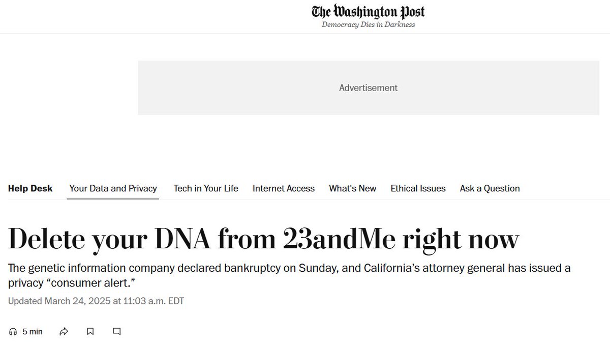 Pues resulta que Anne Wojcicki ha renunciado como CEO de 23andMe, que se ha declarado en bancarrota y busca compradores. 23andMe va a vender al mejor postor los datos de ADN de 15 millones de usuarios, que permiten inferir el ADN de decenas de millones de personas más.