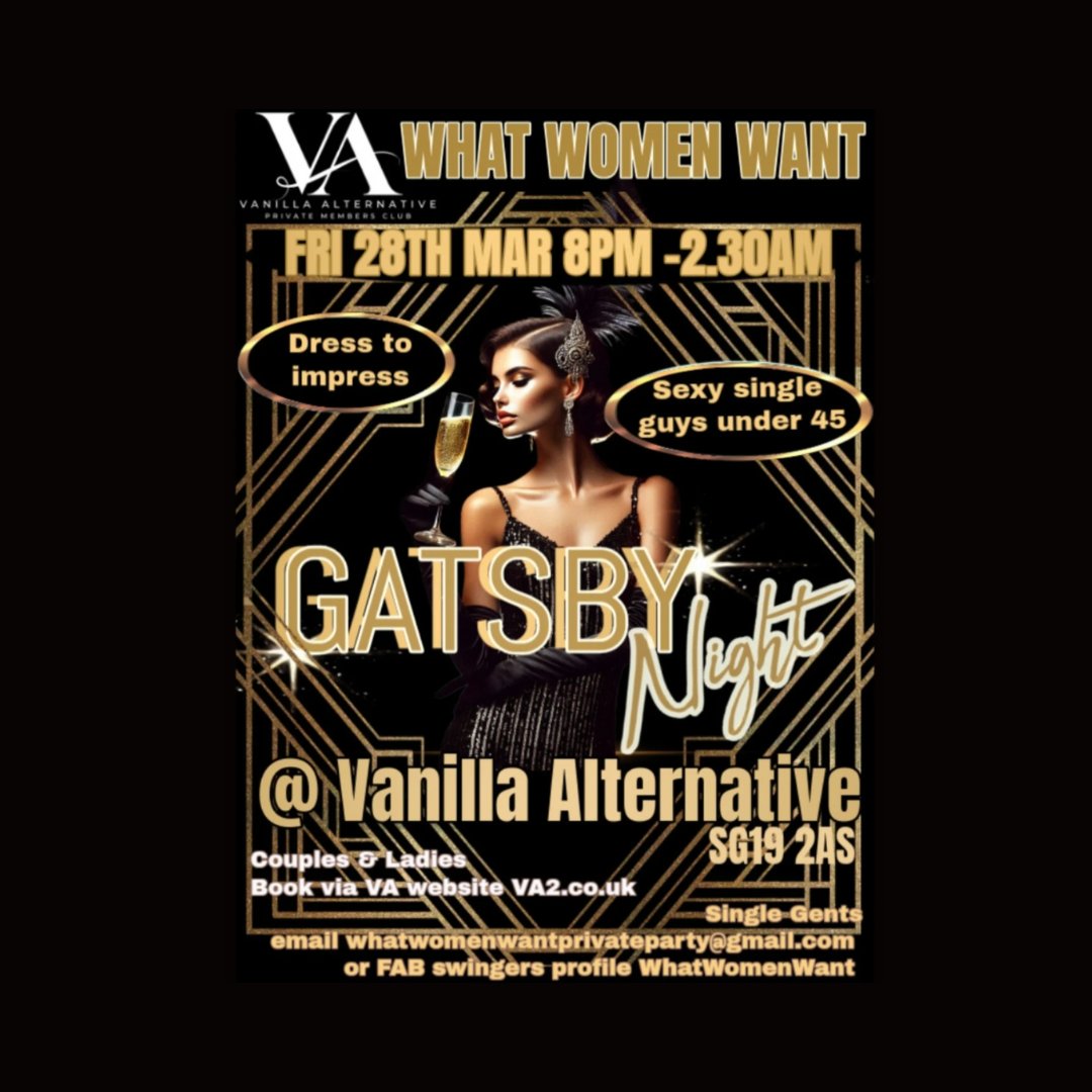 🎉✨WHAT WOMEN WANT... This Friday, 28th March... Get ready for Gatsby Night! An exclusive party for fabulous single ladies and couples plus single guys aged 25-45! 🎩👗 Dress to impress like it's the roaring 1920s with glitz and glamour! Dappers and flappers, let’s shine!