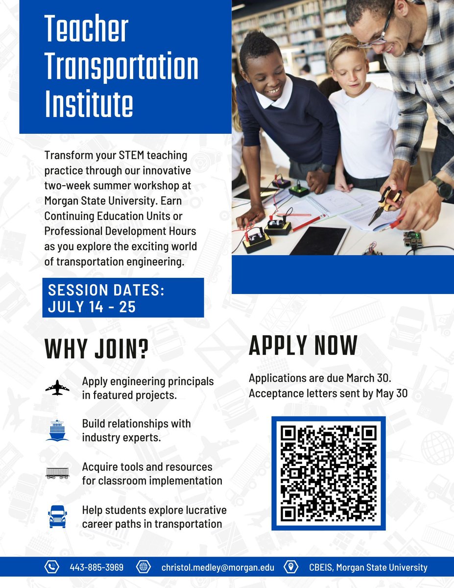 NTCMorgan's tweet image. Last chance, STEM educators! Applications for the Teacher Transportation Institute @MorganStateU close March 30! Don't miss this opportunity to earn CEUs July 14-25 while mastering transportation engineering concepts for your classroom.
buff.ly/i512cWf