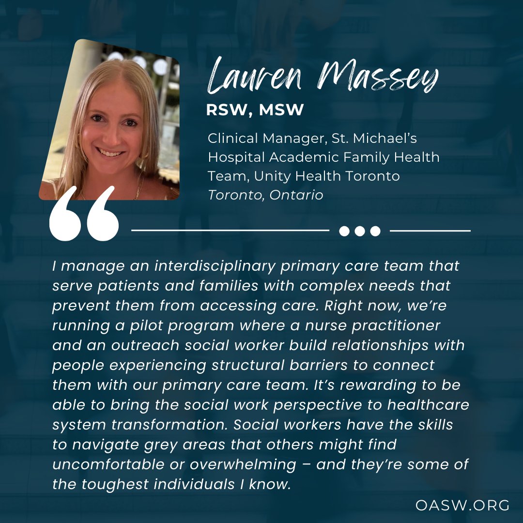 Wherever you are, #SoAreWe 🩺

To Lauren and her interdisciplinary primary care team, #SocialWork means finding solutions to some of the most complex problems people and communities face. 

Learn more at oasw.org/SWVoices

#NationalSocialWorkMonth
#NSWM2025