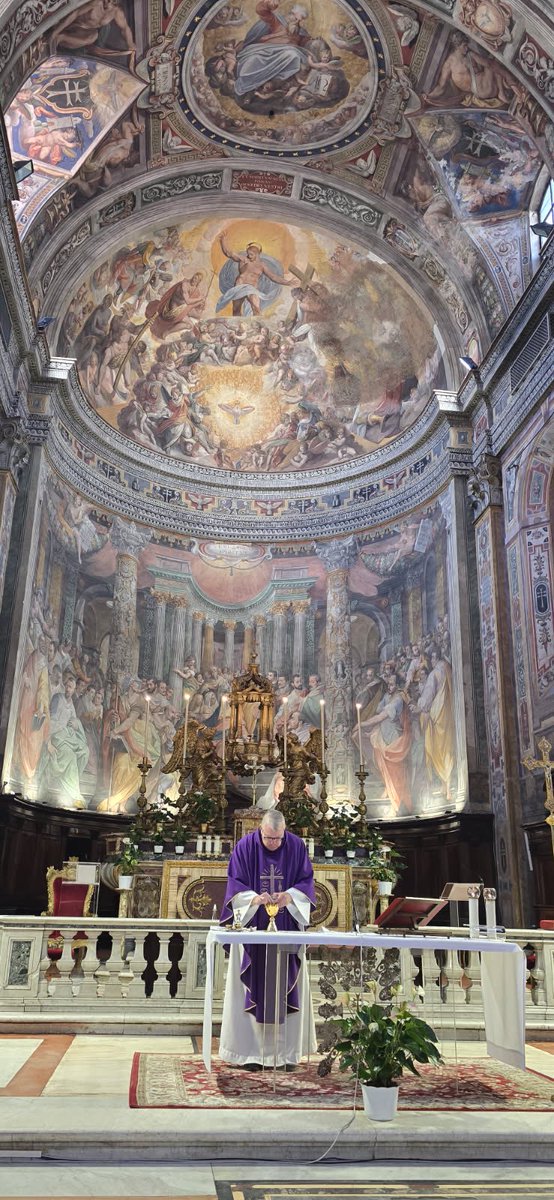 StAugPastor's tweet photo. Today’s Mass for our pilgrimage was celebrated at Santo Spirito in Sassia (Holy Spirit of the Saxons) — built in the 12th century. Mass was the Votive for Saint Peter (excuse the Lenten violet vestments) whose memories Mark used to write his Gospel.
#SaintMark #SaintPeter https://t.co/3paPWgoql1