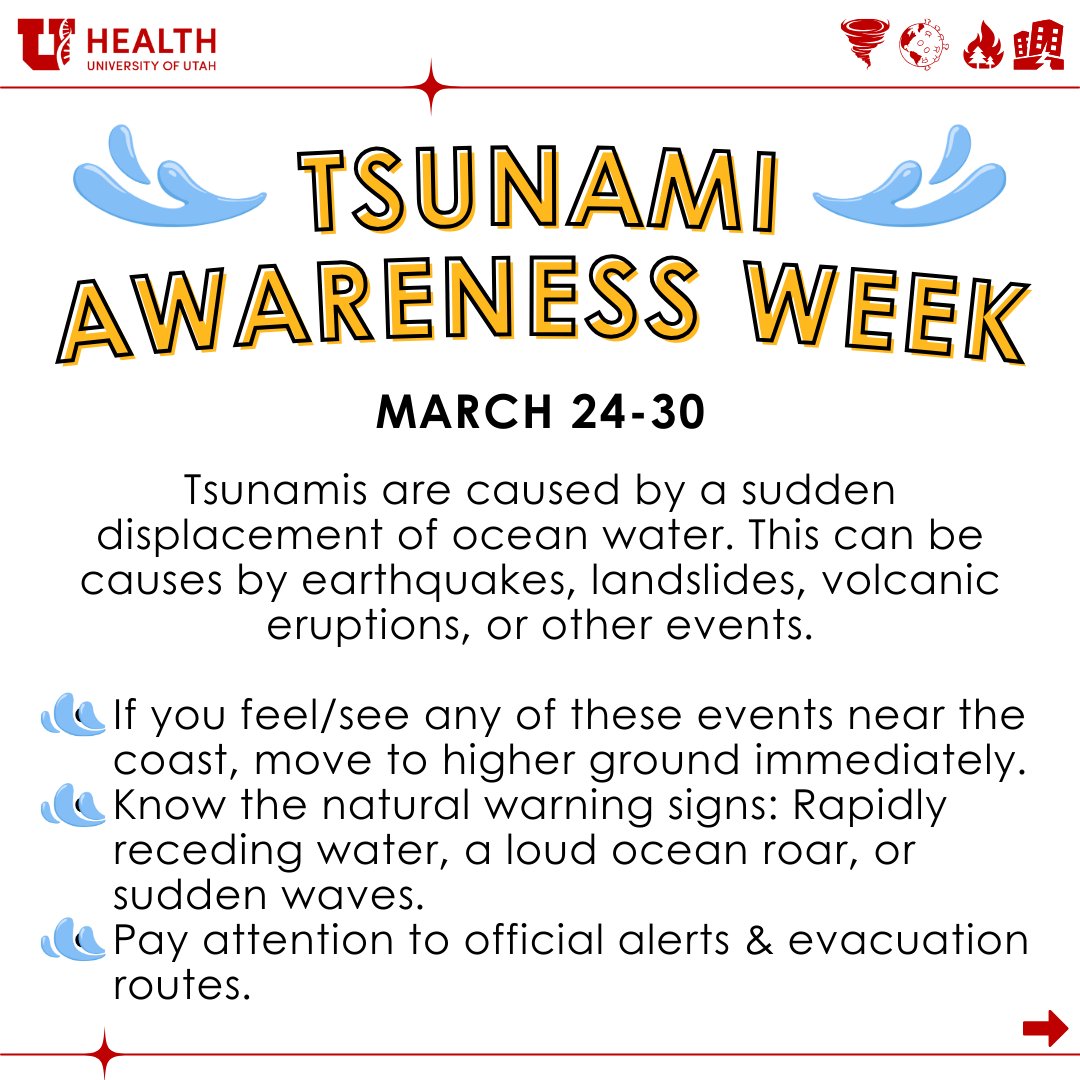 uofuceph's tweet photo. National Tsunami Awareness Week is March 24-30 🌊 If you travel to coastal areas, knowing the warning signs &amp; how to stay safe is critical. Learn what to do no matter where you go! 🌍 #uofuceph #rmhpceph #emergencypublichealth #emergencypreparedness #region8 #tsunami https://t.co/ARCp5MMXX9