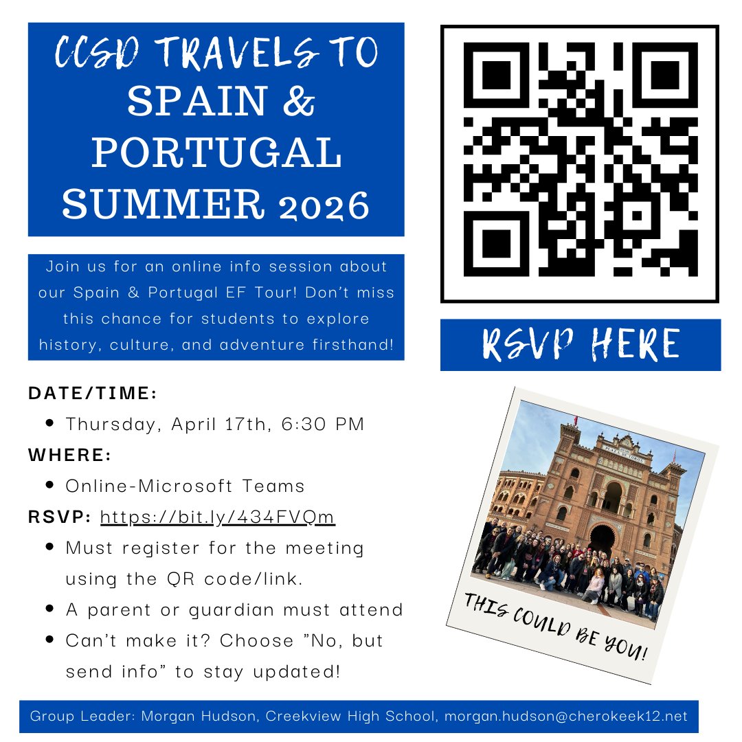 Cherokee Co. Schools (@cherokeeschools) on Twitter photo Please join us for a virtual interest meeting to learn more about the Summer 2026 CCSD Districtwide Trip to Spain and Portugal with EF Tours!  
Date: Thursday, April 17, 2025
Time: 6:30 PM
Location: Online via Microsoft Teams - a link will be provided upon RSVP. 
RSVP Here: Please join us for a virtual interest meeting to learn more about the Summer 2026 CCSD Districtwide Trip to Spain and Portugal with EF Tours!  
Date: Thursday, April 17, 2025
Time: 6:30 PM
Location: Online via Microsoft Teams - a link will be provided upon RSVP. 
RSVP Here: