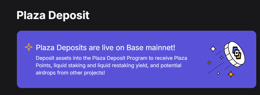 🚨 Plaza deposits are live! 

Deposit WETH, wstETH, cbETH, rETH, wrsETH, weETH, or ezETH into Plaza on <a href="/base/">Base</a>
mainnet and earn 10 Plaza Points per $ per day (20%+ APY) 
 Here is the link: deposit.plaza.finance 📷 🤝