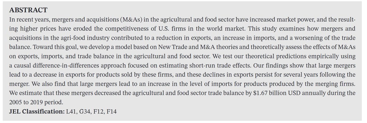 danielahanley's tweet photo. New research shows that mergers are increasing the market power of agricultural firms, driving up prices, reducing exports, and increasing imports in the agricultural sector.

https://t.co/qSQqBJMoQ8 https://t.co/q3Tx8bADWj