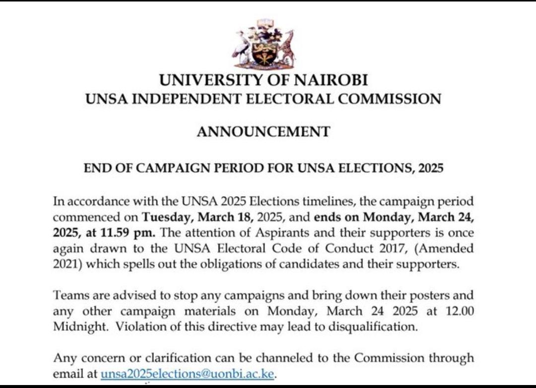Faculty of Arts and Social Sciences (@humanitiesuon) on Twitter photo NOTICE: Campaigns for #UNSA2025 Have Officially Ended, today March 24, 2025, at 11:59 AM, the long journey has come to an end, &now it's time to uphold the rules & respect the process.All candidates & supporters are urged to adhere to the set guidelines <a href="/CouncilUnsa/">UNSA ELECTORAL COUNCIL</a> <a href="/uonbi/">University of Nairobi</a> NOTICE: Campaigns for #UNSA2025 Have Officially Ended, today March 24, 2025, at 11:59 AM, the long journey has come to an end, &now it's time to uphold the rules & respect the process.All candidates & supporters are urged to adhere to the set guidelines <a href="/CouncilUnsa/">UNSA ELECTORAL COUNCIL</a> <a href="/uonbi/">University of Nairobi</a>