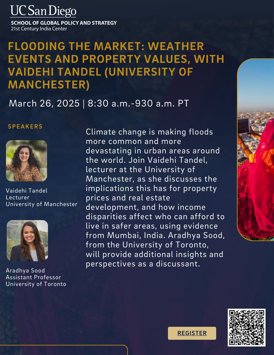 21st Century India Center (@gpsindiacenter) on Twitter photo Join us this Wednesday March 26 for for a virtual talk by
<a href="/VaidehiTandel/">Vaidehi Tandel</a> (<a href="/OfficialUoM/">The University of Manchester</a>) on flooding and housing prices in Mumbai. <a href="/SoodAradhya/">Aradhya Sood</a> (<a href="/UofT/">University of Toronto</a>) will discuss. Details attached. Please register here: gps-ucsd.zohobackstage.com/FloodingtheMar… #IndiaEconomy Join us this Wednesday March 26 for for a virtual talk by
<a href="/VaidehiTandel/">Vaidehi Tandel</a> (<a href="/OfficialUoM/">The University of Manchester</a>) on flooding and housing prices in Mumbai. <a href="/SoodAradhya/">Aradhya Sood</a> (<a href="/UofT/">University of Toronto</a>) will discuss. Details attached. Please register here: gps-ucsd.zohobackstage.com/FloodingtheMar… #IndiaEconomy