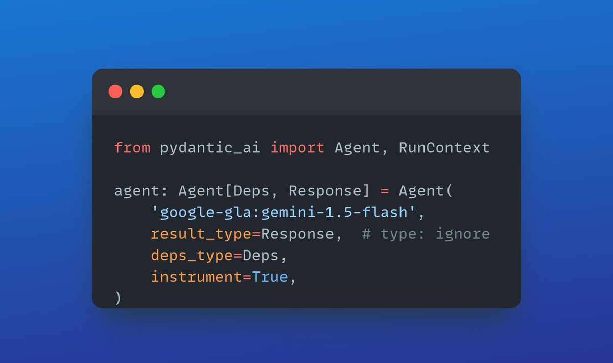 MayankGuptacse1's tweet image. 🤖 LLM Meets Pydantic Validation!
🔹 Agent → Uses Gemini 1.5 Flash
🔹 result_type=Response → Auto-validates SQL output.
🔹 deps_type=Deps → Injects dependencies seamlessly.
🔹 instrument=True → Logs & tracks execution!
 Structured, Reliable AI!  #Pydantic #LLMs #TextToSQL