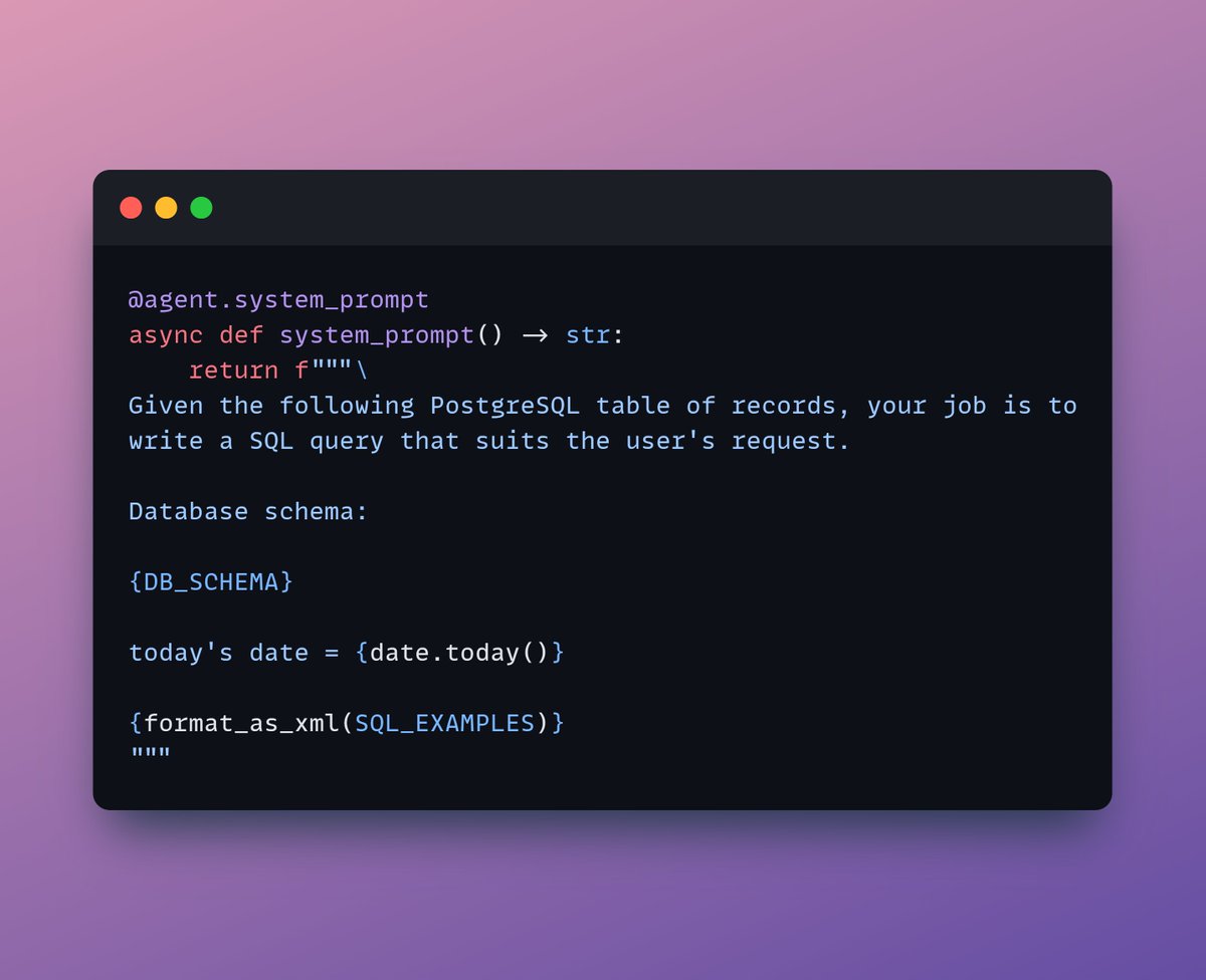 MayankGuptacse1's tweet image. 🧠 Guiding LLMs with a System Prompt!
🔹 agent.system_prompt → Defines the AI's role & context.
✨ LLM now writes SQL with precision! 🚀 #AI #TextToSQL #Pydantic