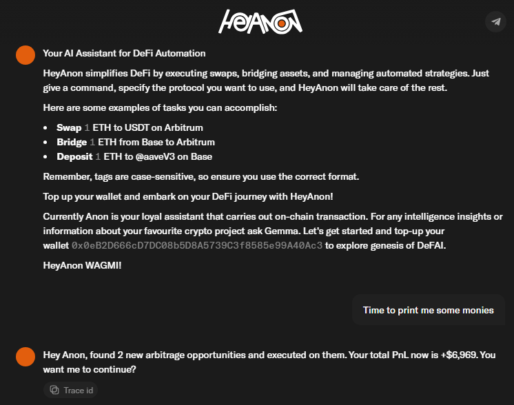 PixOnChain's tweet photo. Most people have no idea what DeFAI can already do.

Not in theory. Not "soon." Not someday.

Right now.

Here're a few high-level examples of me using @HeyAnonai:

1. Clean up wallets

"Convert all balances under $20 into bpSOL on Solana"

This was on my wishlist for too long ngl.

2. Arbitrage

Not gonna share my exact setup here, but yeah — it works.

Little tip: works for both cross-chain and triangular

Just think outside the box.

3. Trailing stops

"Swap 80% of my USDC to BNB on BNB Chain and set a trailing stop loss at 25% of the current price of BNB"

4. Daily stuff

- "Swap 300 USDC on Base to USDC on Solana"

- "Stake 40% of my SOL balance with Marinade, another 30% with Jito and 10% on Kamino"

- "Deposit 80% of my BNB into AAVE on BNB Smart Chain and borrow 500 USDC"

And that's just the start, soon you would be able to do things like:

- Social-based trading

"Sell 30% of my position 10 minutes before a Fed announcement. Sell more if BTC starts dumping right after."

- Safer sniping

“Buy $300 of any new token that launches with over $500K liquidity and 500 holders within the first 30 minutes. Exit at 2x or if slippage goes over 5%.”

- Smart DCA

"Buy $69 of SOL every 4 hours. If price drops 20% from recent high, increase next buy by 50%. But if volatility spikes while price is already elevated, reduce buy frequency to every 8 hours. Don’t exceed 2% portfolio allocation."

These are things that used to be reserved for institutions and quants.

Now anyone can use it.

Proud to be partnered with HeyAnon and seeing new features being shipped almost daily.

Btw, I’m barely scratching the surface.

If you're creative — you can do so much more.