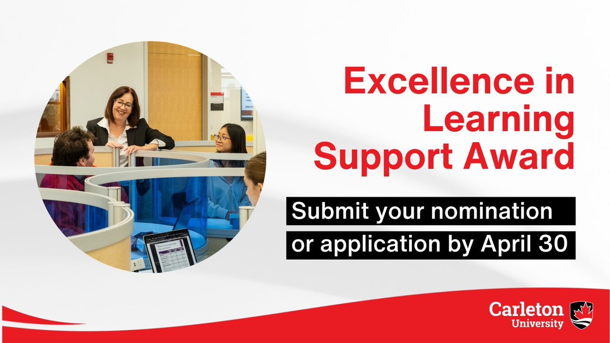 Carleton University Teaching & Learning Services (@cu_teaching) on Twitter photo The Excellence in Learning Support Award recognizes educational support staff who positively impact student learning in labs, classrooms and other diverse learning environments across <a href="/Carleton_U/">Carleton University</a>. Apply or nominate a colleague before April 30: buff.ly/EMnz3Dj The Excellence in Learning Support Award recognizes educational support staff who positively impact student learning in labs, classrooms and other diverse learning environments across <a href="/Carleton_U/">Carleton University</a>. Apply or nominate a colleague before April 30: buff.ly/EMnz3Dj