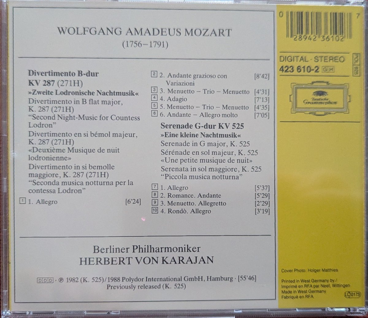 Andy Spencer (@andyspencer40) on Twitter photo I'm a big fan of <a href="/DGclassics/">Deutsche Grammophon (DG)</a> label for classical music.
Divertimento KV287/Eine Kleine Nachtmusik KV525
Both performed by the <a href="/BerlinPhil/">Berliner Philharmoniker</a> in the 1980s.
The latter is a fantastic piece which I remember hearing performed in St Martin-in-the-Fields Church, London a few years ago. I'm a big fan of <a href="/DGclassics/">Deutsche Grammophon (DG)</a> label for classical music.
Divertimento KV287/Eine Kleine Nachtmusik KV525
Both performed by the <a href="/BerlinPhil/">Berliner Philharmoniker</a> in the 1980s.
The latter is a fantastic piece which I remember hearing performed in St Martin-in-the-Fields Church, London a few years ago.