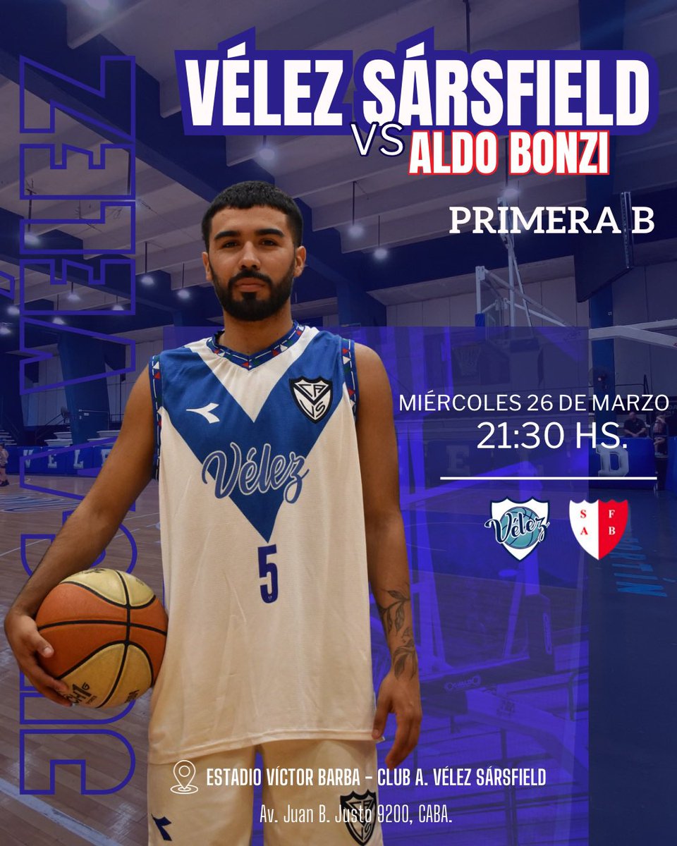 PRÓXIMO PARTIDO - FECHA 3
⛹🏽‍♂️ MASCULINO PRIMERA B

¡VENÍ A ALENTAR! 

🗓️ Miércoles 26 de Marzo - 21:30 Hs. 
🏀 Vélez vs Aldo Bonzi 
🏟️ Estadio Víctor Barba - Club A. Vélez Sarsfield 
📍Juan B. Justo 9200, CABA 

#juegavelez #basquet #vélez