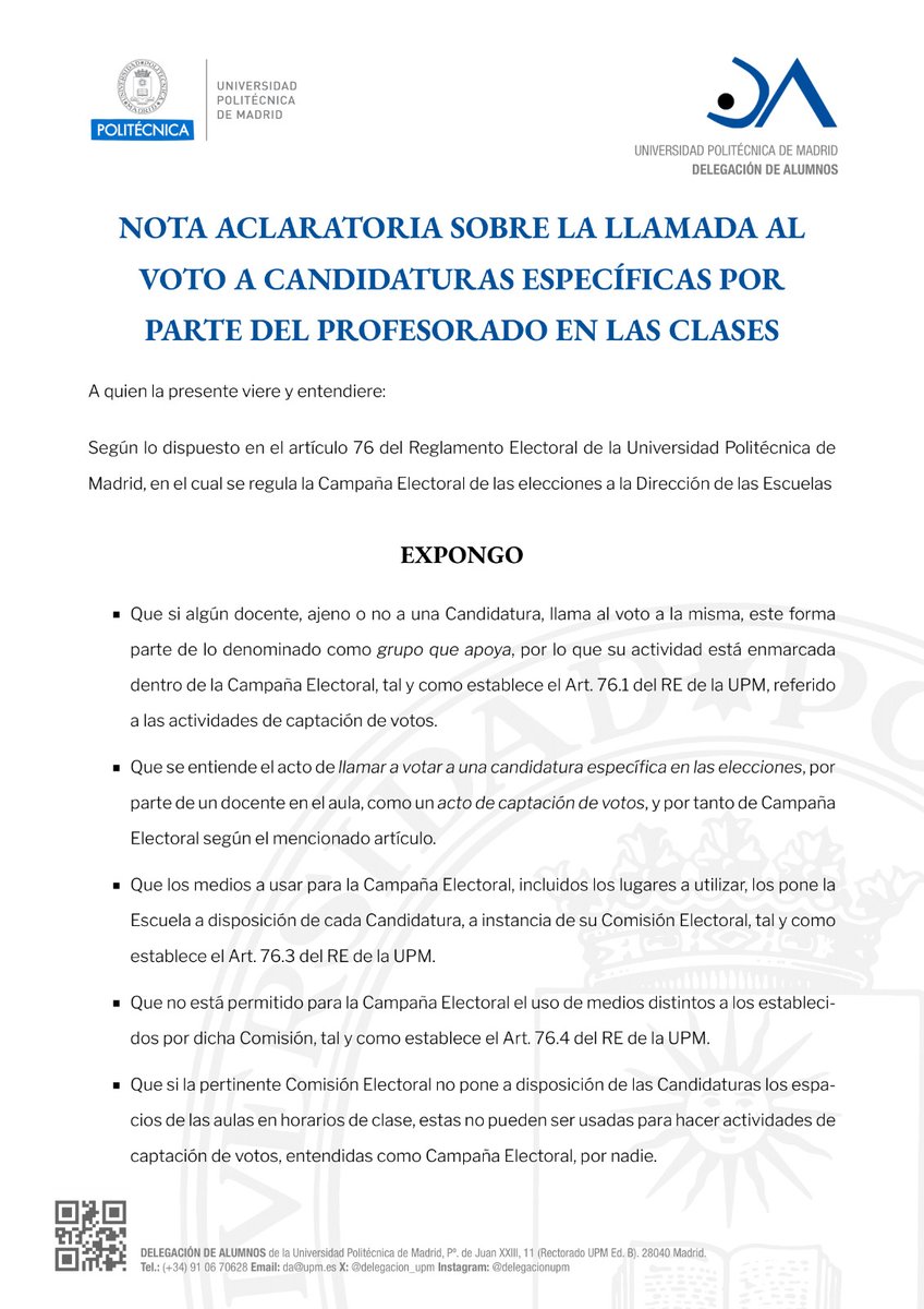 Delegacion_UPM's tweet image. 🔴 Nota aclaratoria sobre la llamada a voto por parte del profesorado en clases