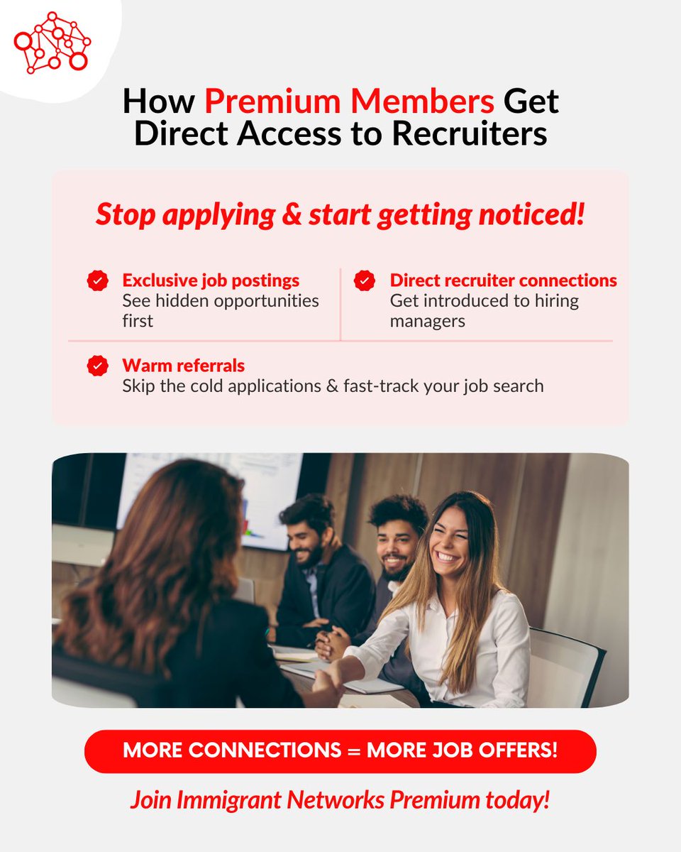 Skip the job hunt &amp; connect directly with recruiters.

Immigrant Networks Premium gives you access to hidden jobs, hiring managers &amp; warm referrals.

80% of jobs aren't posted—networking is the key.

Join now: immigrantnetworks.com 💼🇨🇦

#NetworkingToGetWorking