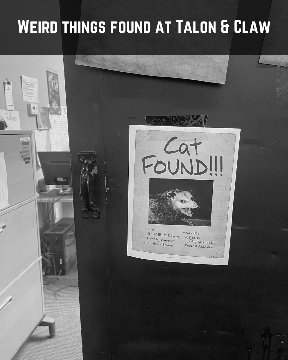 talonclaw's tweet photo. At Talon & Claw, you’ll find fine woodworking, chaotic dice energy… and possibly a shape-shifting possum who identifies as a cat.
#FantasyWorkshop #WeirdStuff #PossumOrCat #WorkshopVibes #DNDHumor #DiceMakers #CraftedChaos #TTRPG #GeekCulture #RPGCommunity #OfficeLife https://t.co/5oQv7uYotZ
