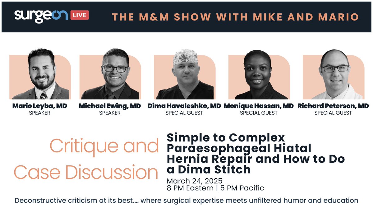 We’re going live soon! Dr. Michael Ewing &amp; Dr. Mario Leyba welcome Dr. Dmytro Havaleshko, Dr. Monique Hassan &amp; Dr. Richard Peterson at 8 PM ET to discuss paraesophageal hiatal hernia repair &amp; the dima stitch. Join us and ask questions!

Event Link: hubs.li/Q03d3P1L0
