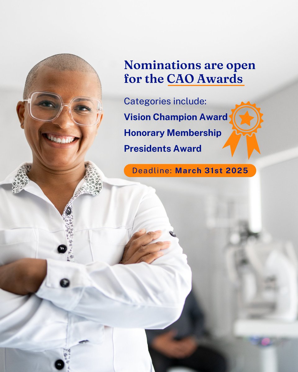CAO is accepting nominations for its prestigious awards, celebrating excellence in optometry and vision care.

Nominations are open through the 31st of March, 2025
💡 Learn more or submit your nomination today: opto.ca/CAO-awards
