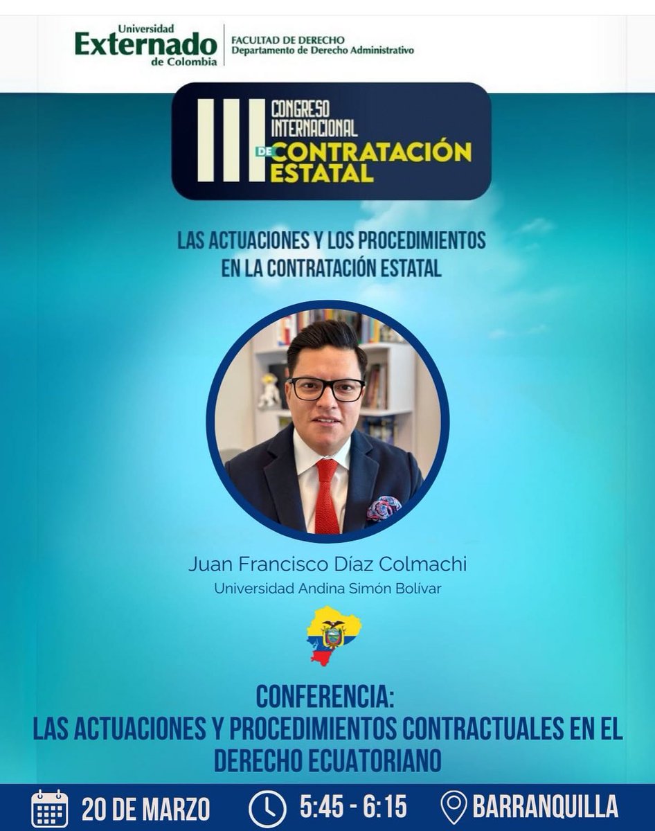 Nuestro socio Juan Francisco Díaz <a href="/JuanFraDiaz/">Juan Francisco Diaz</a> participó en el III Congreso de Contratación Estatal organizado por la <a href="/DerechoAdminUEX/">Departamento Derecho Administrativo UExternado</a> de la Universidad Externado de Colombia. 
Su ponencia fue sobre las actuaciones y procedimientos contractuales en Ecuador.