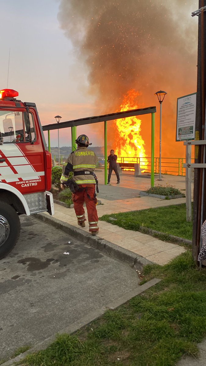 #Castro #Chiloé Bomberos responde a fuego en vegetación en cerro Millantuy, fuego en matorrales de rápido avanze, se solicita despejar ruta para el avance y trabajo de las unidades y voluntarios/as, noticia en desarrollo.
📸: RR.SS
