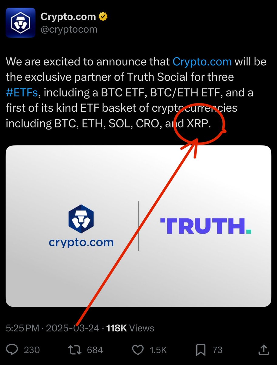 ✓ And XRP https://t.co/NKwoOul82G will be the exclusive partner of Truth  Social for three #ETFs, and a first of its kind ETF basket of  cryptocurrencies including BTC, ETH, SOL, CRO, and XRP.